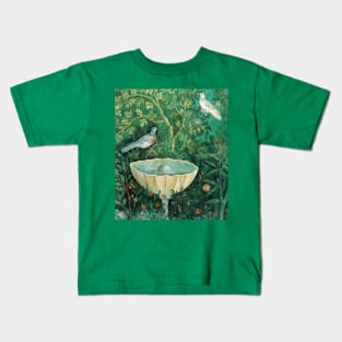 POMPEII COLLECTION,LITTLE BIRDS,DOVES AND FOUNTAIN IN GARDEN ,GREEN FLORAL Kids T-Shirt